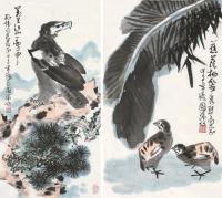  甲子（1984）年作 万里江山一擎中 蕉荫栖禽 镜片 设色纸本