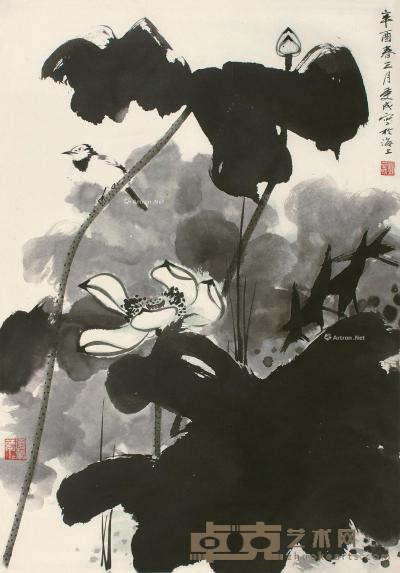  辛酉（1981）年作 荷塘小鸟 立轴 设色纸本 78×54.5cm
