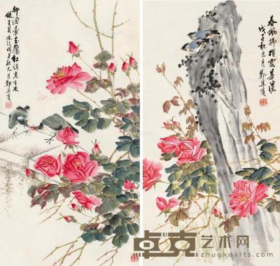  戊子（1948）年作 花鸟 两屏 立轴 设色纸本 67.5×35cm×2