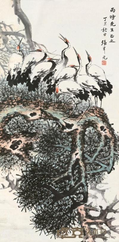  丁丑（1937）年作 松鹤图 立轴 设色纸本 135×66cm