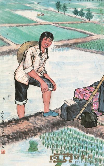  癸丑（1973）年作 农忙图 镜片 设色纸本 95×60cm