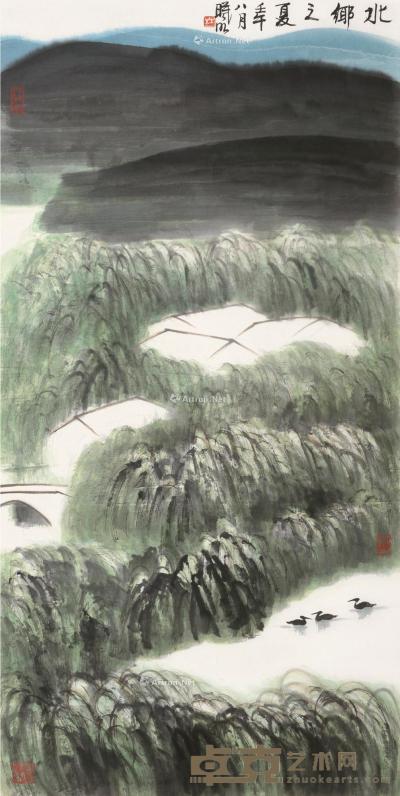  壬午（2002）年作 水乡之夏 镜片 设色纸本 137×68cm