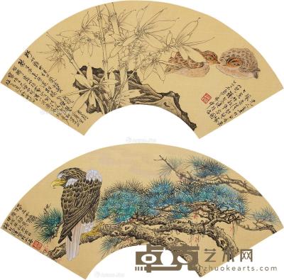  甲戌（1994）年作 竹报平安图·松鹰图 镜片 设色绢本 17×48cm×2