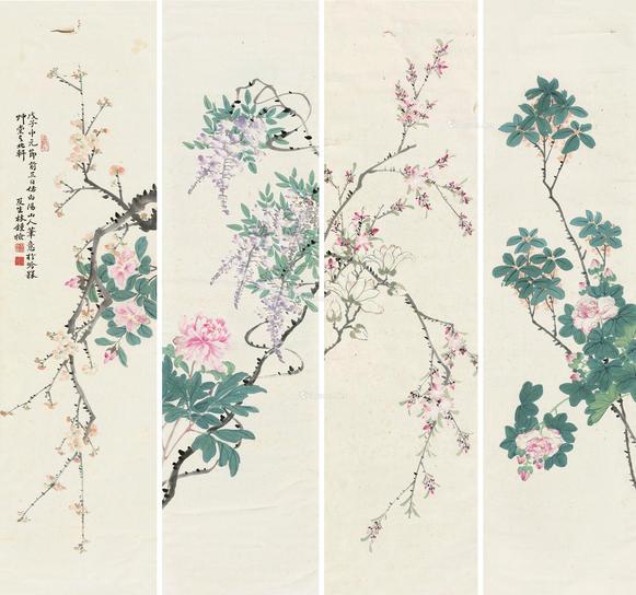  花卉 四屏 立轴 设色纸本