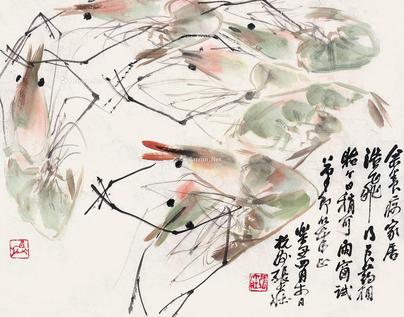  癸丑（1973）年作 群虾图 镜片 设色纸本