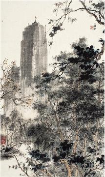  远眺高厦图 立轴 设色纸本