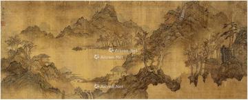  溪山亭林图 横披 设色绢本