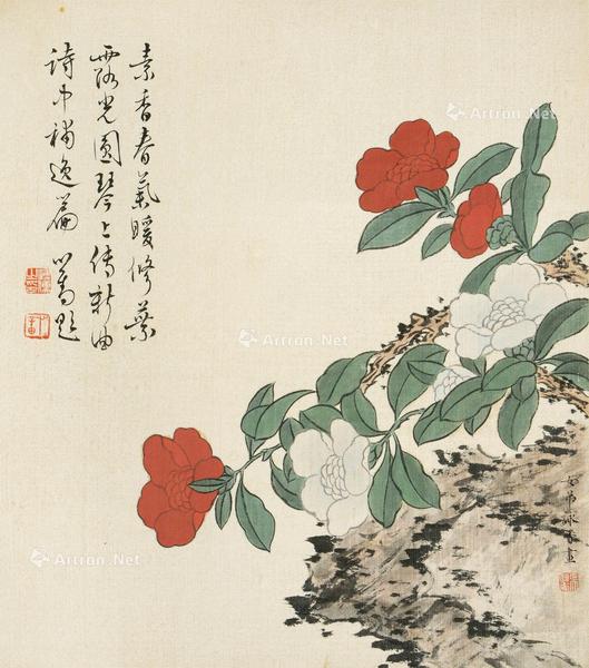  茶花 镜心 设色绢本