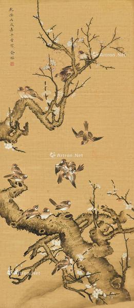  白梅飞雀 立轴 山水绢本