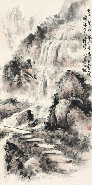  黄山三叠泉 立轴 设色纸本