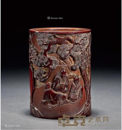  清·竹雕松下高仕图笔筒 高13.5cm；口径10.2cm