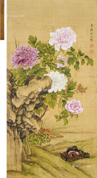  花卉灵芝 立轴 设色绢本