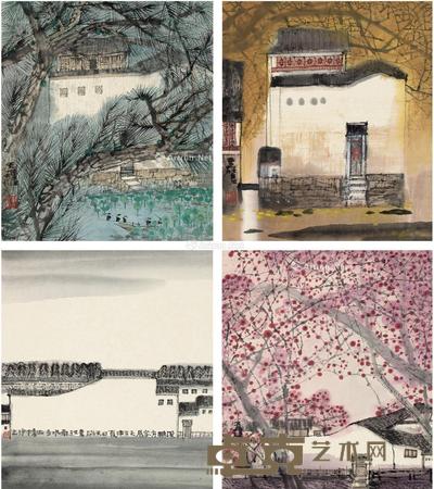  1992年作 江南水乡四季图 （四帧） 镜片 设色纸本 33.5×29.5cm×4