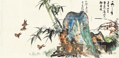  1983年作 竹雀兰石图 镜片 设色纸本 136×67cm