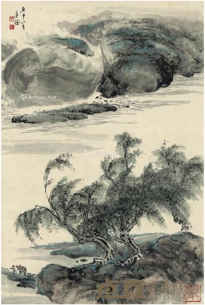  1980年作 夏山烟水图 立轴 设色纸本 68×45cm