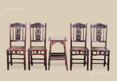  清代（1644-1911） 红木嵌大理石四方台 红木花卉纹椅 （五件一组）