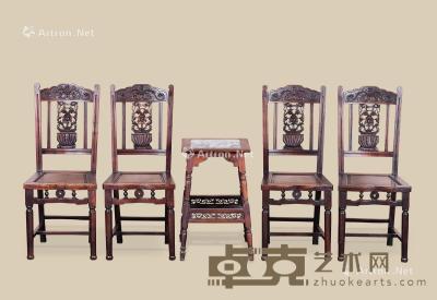  清代（1644-1911） 红木嵌大理石四方台 红木花卉纹椅 （五件一组） 尺寸不一