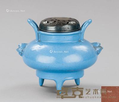  民国 紫砂胎天蓝釉双桥耳三足香炉 直径15.9cm；高12.9cm