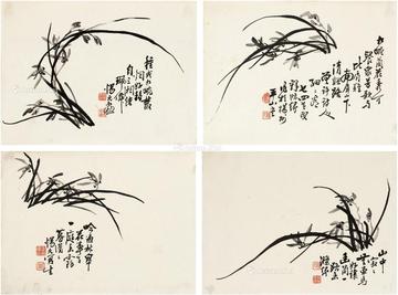  1964年作 墨兰 （四帧） 画心 水墨纸本