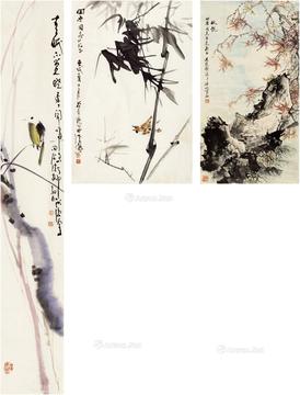  花鸟 （三帧） 画心 设色纸本
