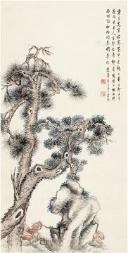  1939年作 松柏灵石图 立轴 设色纸本
