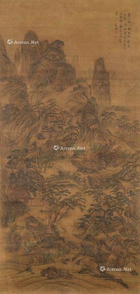  秋山松鹤高士图 立轴 设色绢本