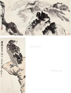  苍鹰图·群峰雾霭图 镜片·画心 设色纸本·水墨纸本