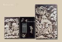  明代（1368-1644） 黑漆嵌螺钿亭台楼阁人物纹长方砚盒 砚台 （三件一组）