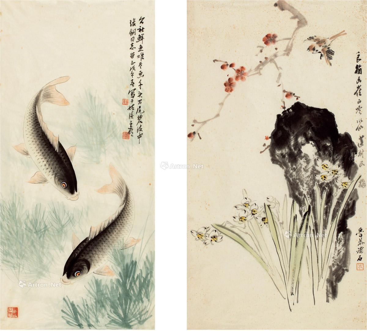 双鱼图·花鸟合璧图 (二帧) 画心 设色纸本 69.5×32cm;69×38cm