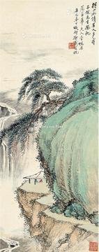  1941年作 青崖亭对图 立轴 设色纸本