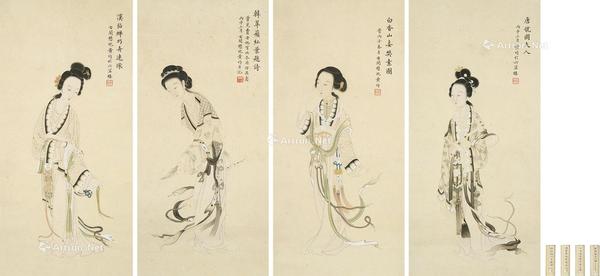  四美图 四条屏 立轴 设色纸本