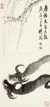  2000年作 柳下水牛图 镜片 设色纸本
