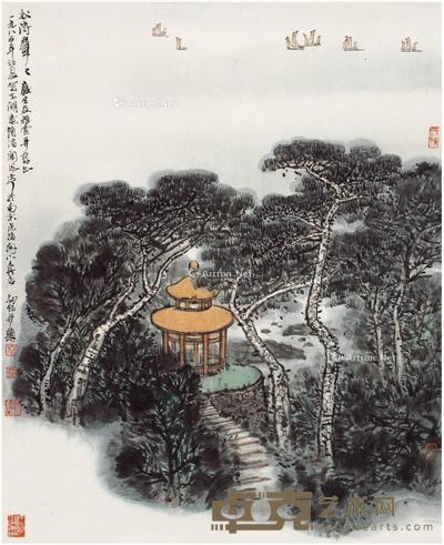  1985年作 松亭图 立轴 设色纸本 59×48cm