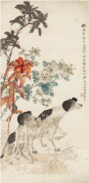  花间双犬图 立轴 设色纸本