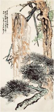  1988年作 苍松瘦石图 镜片 设色纸本
