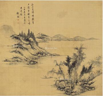  溪江独钓图 立轴 水墨绢本