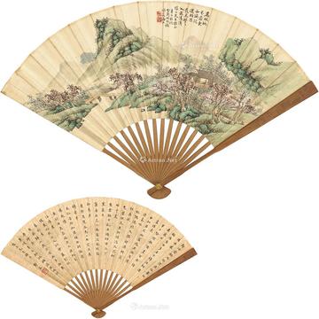  山溪桃花图 书法 成扇 设色纸本