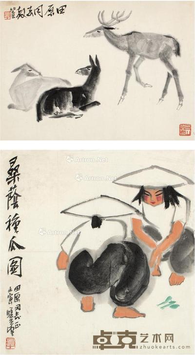 三鹿图·桑荫种瓜图 镜片·画心 水墨纸本·设色纸本 47.5×34.5cm;34.5×32cm
