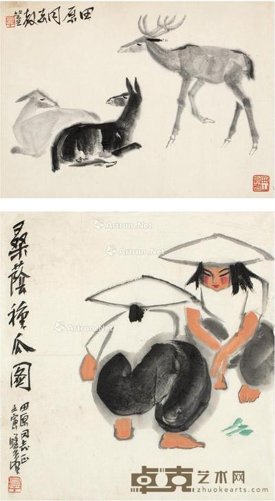  三鹿图·桑荫种瓜图 镜片·画心 水墨纸本·设色纸本 47.5×34.5cm；34.5×32cm