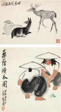  三鹿图·桑荫种瓜图 镜片·画心 水墨纸本·设色纸本