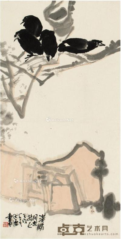  1982年作 木石栖禽图 镜片 设色纸本 69.5×35cm