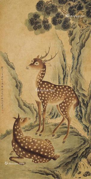  松下双鹿 立轴 设色纸本