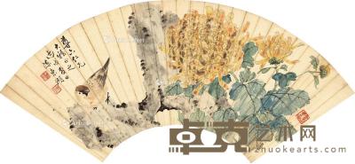 1946年作 菊石小鸟图 扇页 设色纸本 51×18cm