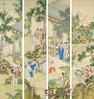  庭院仕女 四幅 二折屏 镜心 设色绢本 87.5×20cm×4
