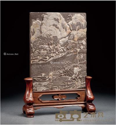  清·祁阳石巧雕山水人物诗文插屏 带座高28.7cm；屏芯长22cm；屏芯宽16.4cm