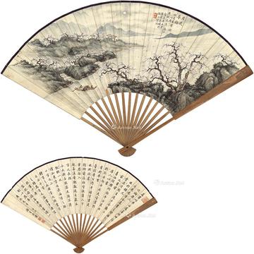  月夜寻梅图 书法 成扇 设色纸本