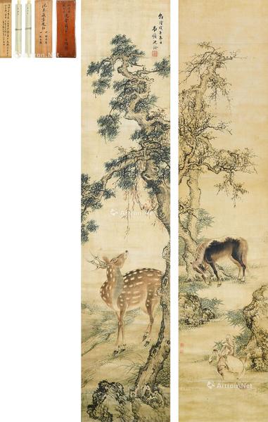 松鹿 牧马 双幅 立轴 设色绫本