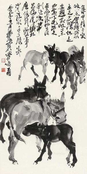  1979年作 群驴图 镜框 水墨纸本