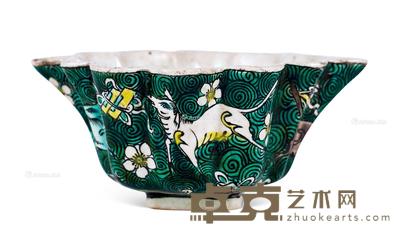  清光绪 花口素三彩海马纹洗 长13cm