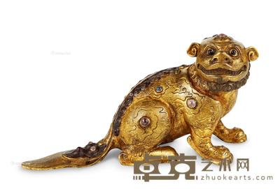  明 铜鎏金狮子坐像 长21cm